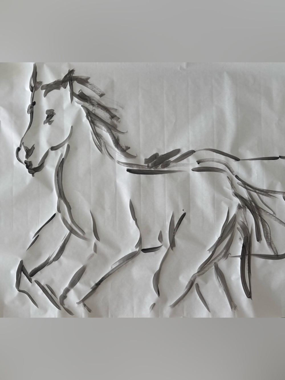 Original Black Ink Horse Brushstroke Art on White Paper